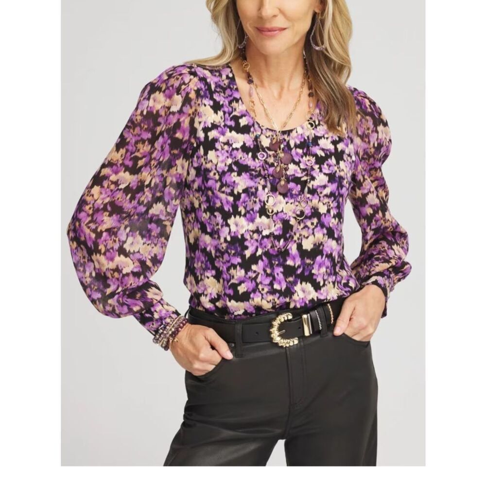 NWOT Chico’s Floral Purple Sheer Sleeves Organza Jersey Knit Crew neck
